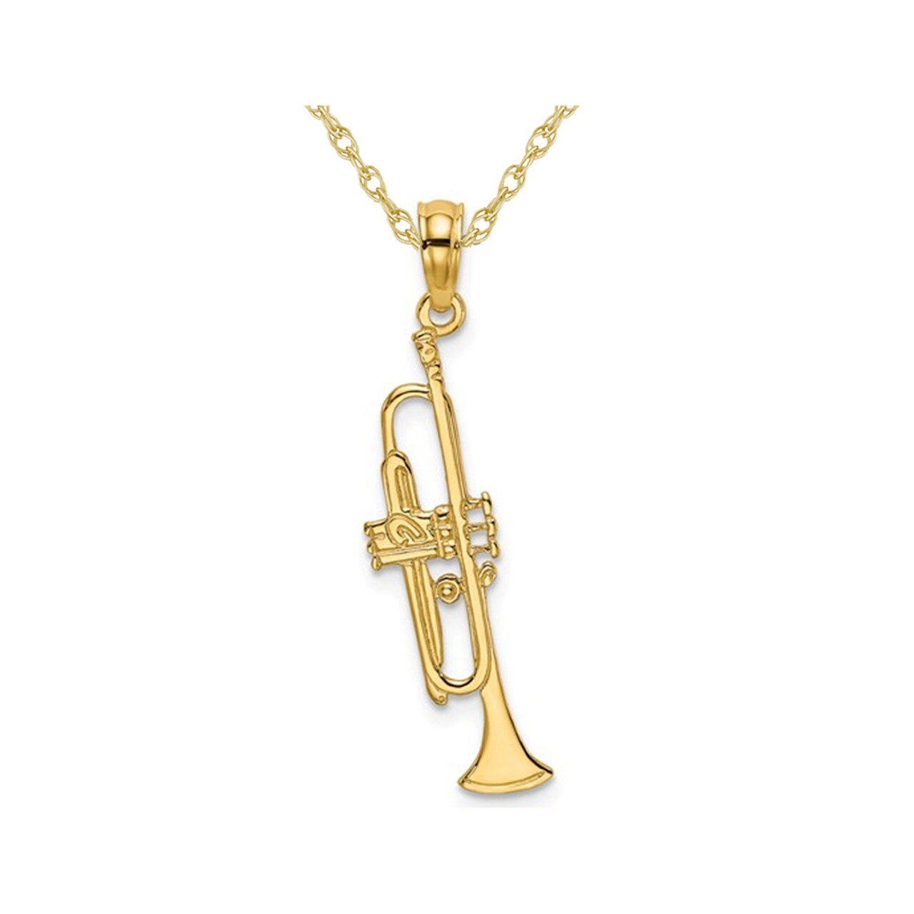 Gem And Harmony 14K Yellow Gold Polished Trumpeet Musical Charm Pendant Necklace with Chain